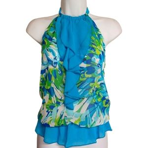 BELINDA Blue Green Floral Geometric Print Halter Neck Ruffle Top Small